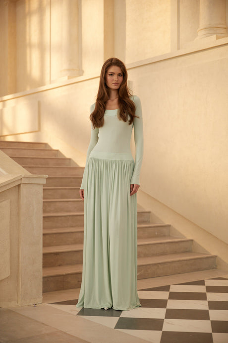 Aurohaya Campagne Green Open-Back Shirred Maxi Dress