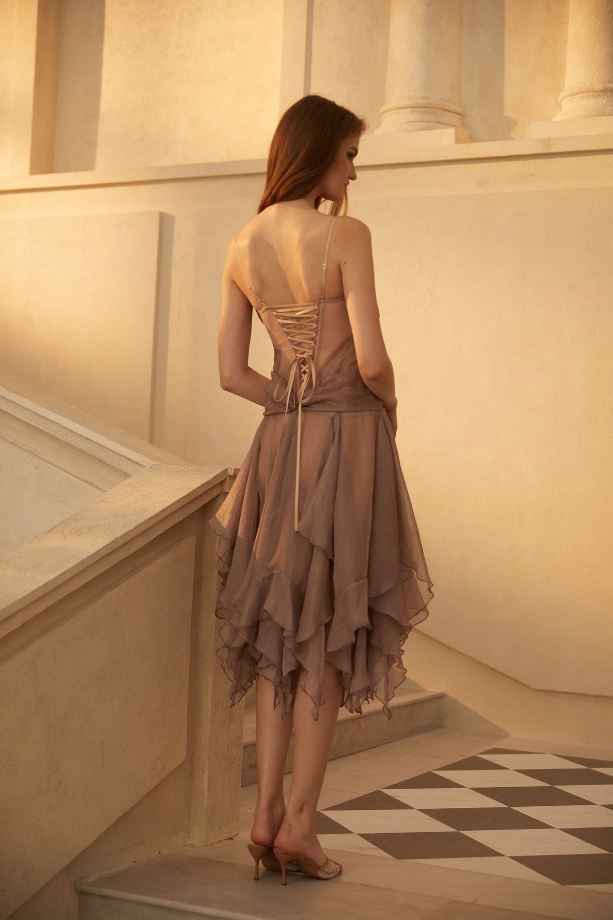 Aurohaya Pétunia Grey Layered Ruffled Midi Dress