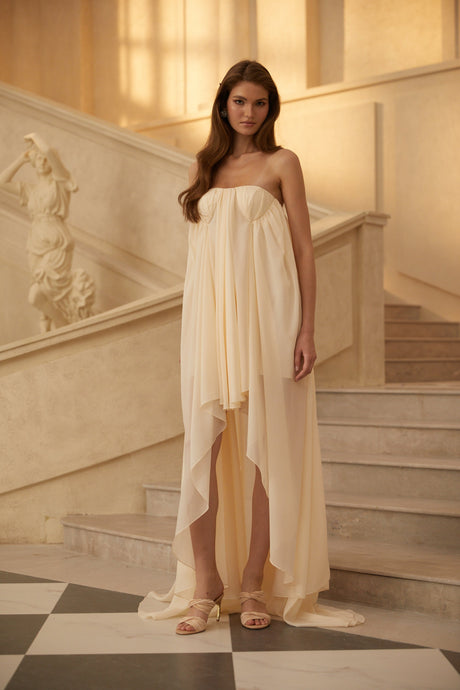 Aurohaya Anneli Beige Mullet Chiffon Midi Dress