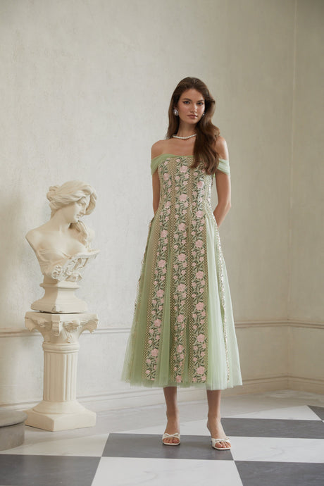 Aurohaya Eleni Green Tulle Panel Floral Midi Dress