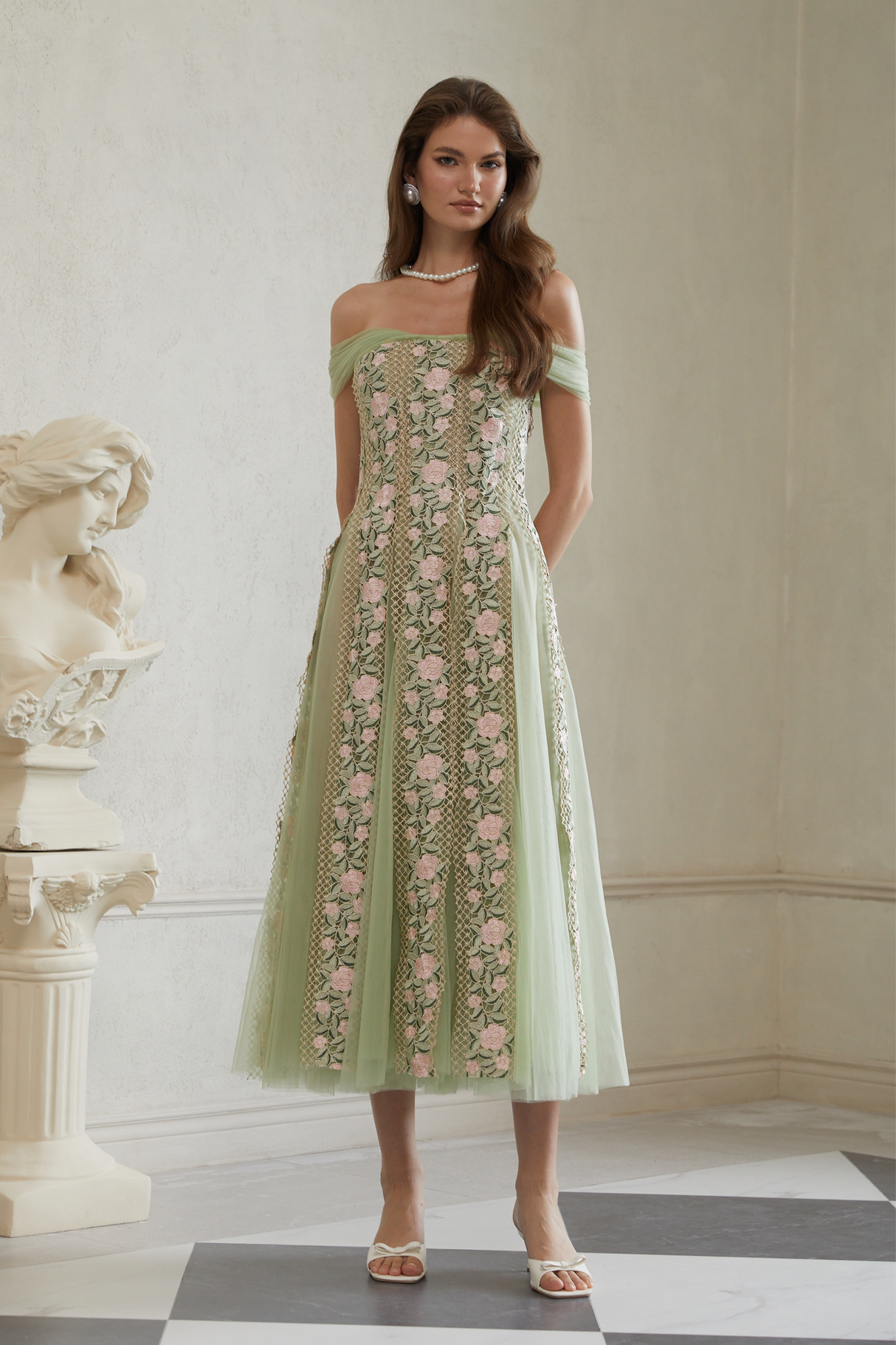 Aurohaya Eleni Green Tulle Panel Floral Midi Dress