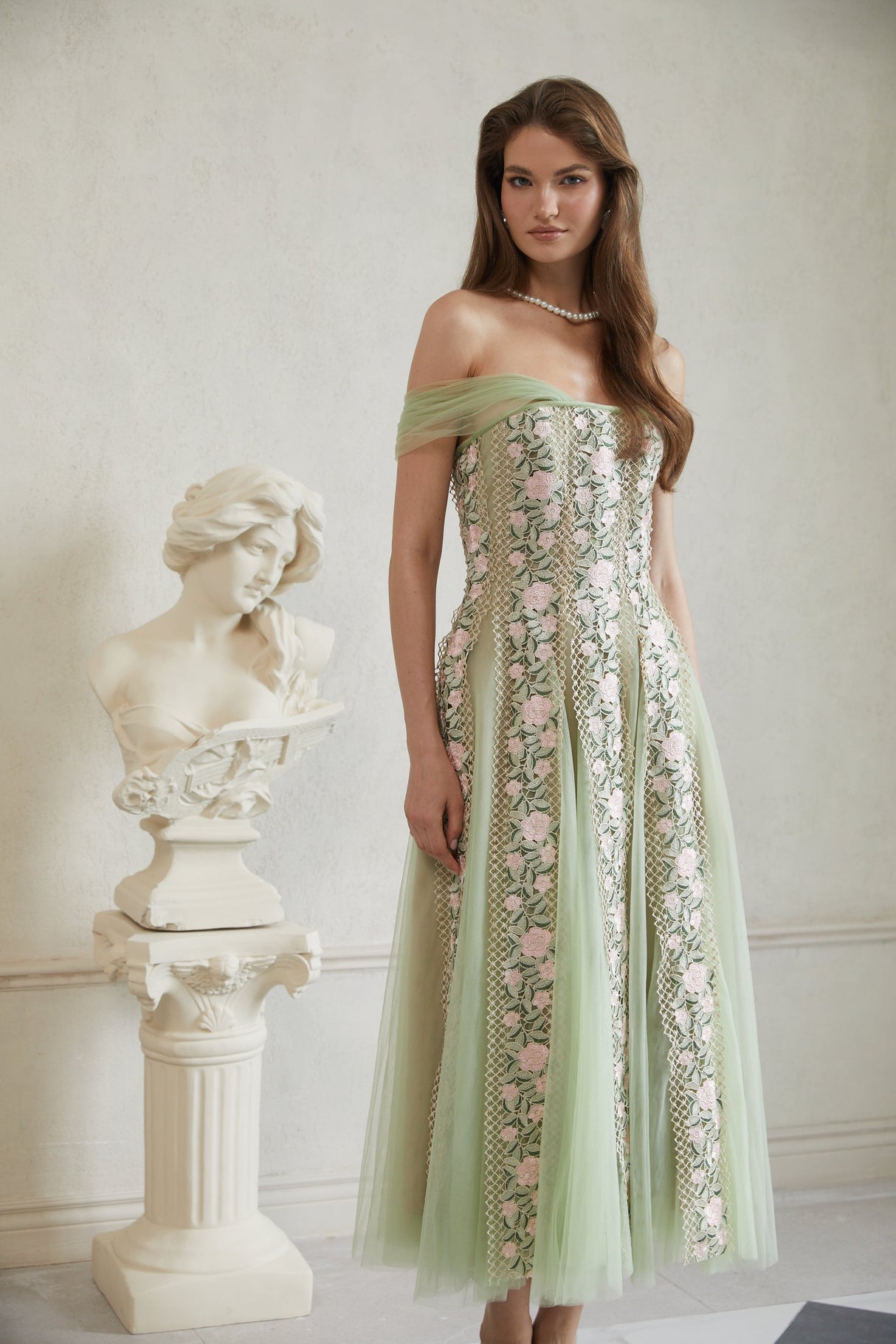 Aurohaya Eleni Green Tulle Panel Floral Midi Dress