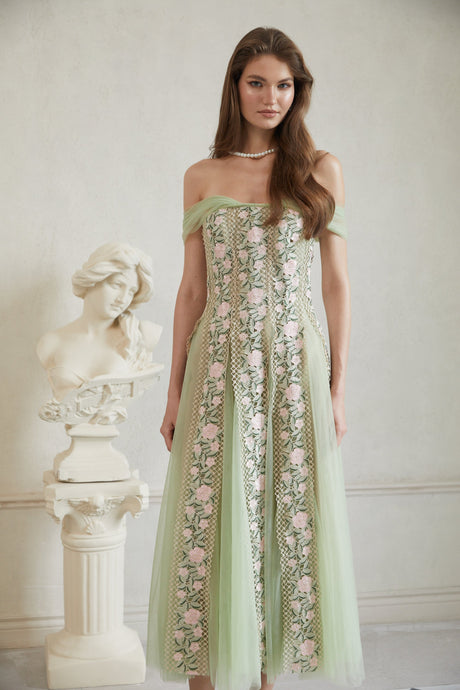 Aurohaya Eleni Green Tulle Panel Floral Midi Dress