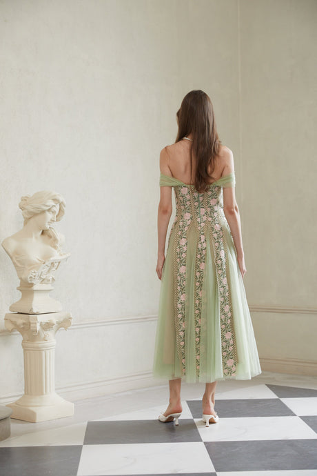Aurohaya Eleni Green Tulle Panel Floral Midi Dress