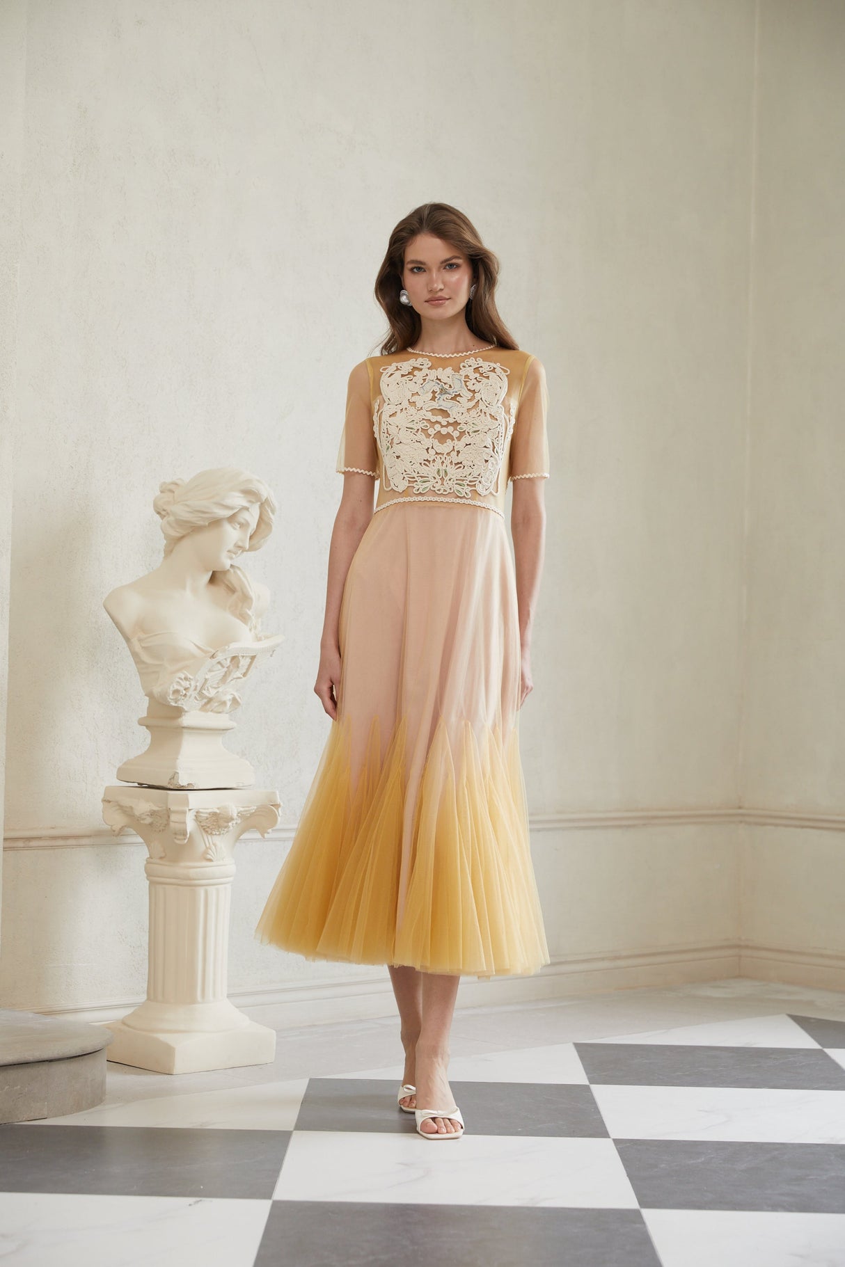 Aurohaya Despoina Yellow Floral Braided Tulle Midi Dress