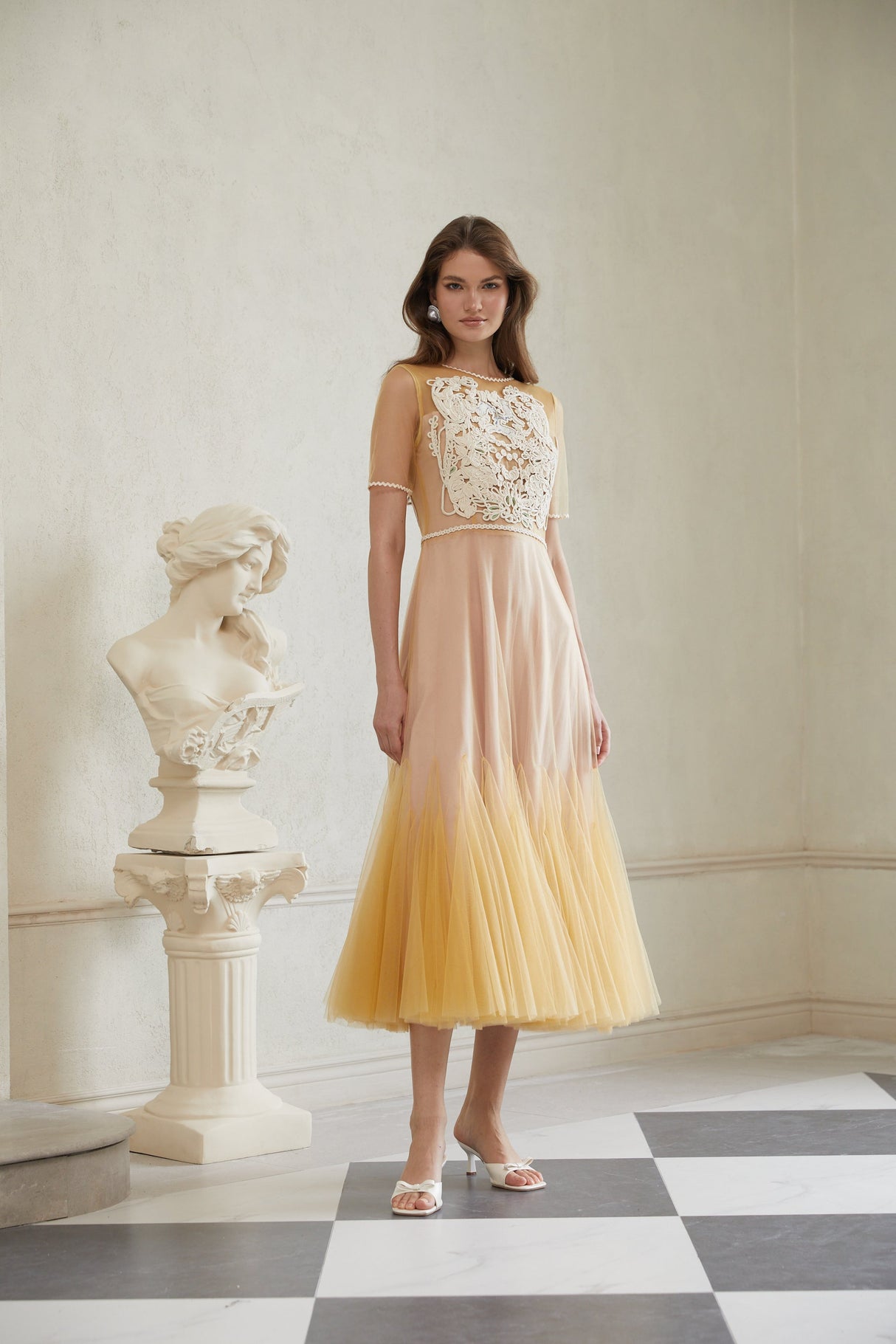 Aurohaya Despoina Yellow Floral Braided Tulle Midi Dress