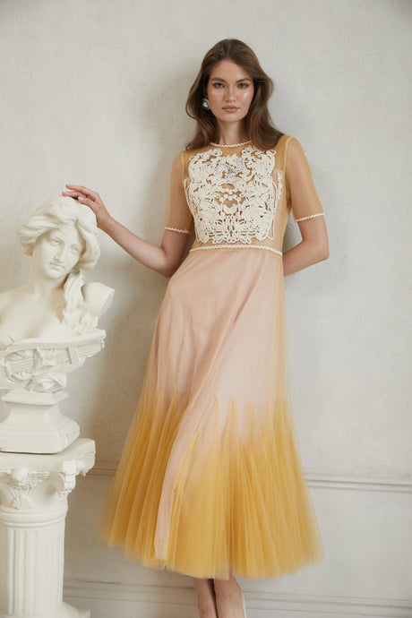 Aurohaya Despoina Yellow Floral Braided Tulle Midi Dress