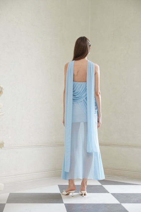 Aurohaya Gaia Blue Ruched Mesh Maxi Dress