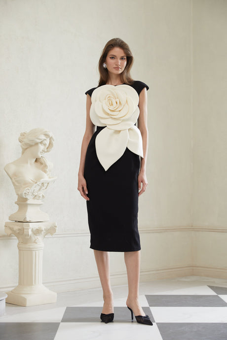Aurohaya Aurélienne Black 3D Petal Pencil Midi Dress