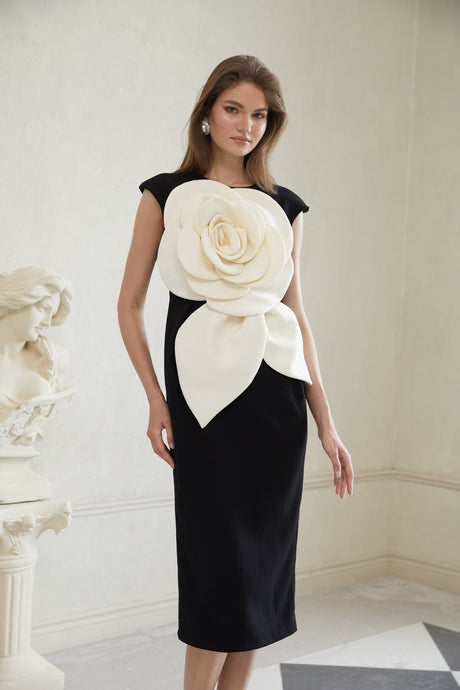 Aurohaya Aurélienne Black 3D Petal Pencil Midi Dress