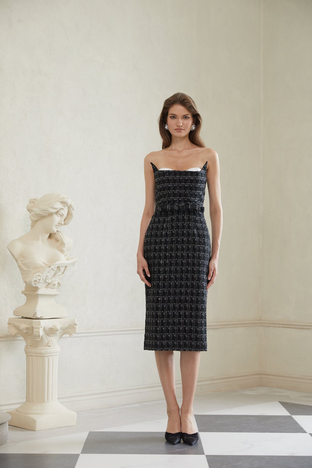 Aurohaya Rauha Black Plaid Weave Tweed Midi Dress