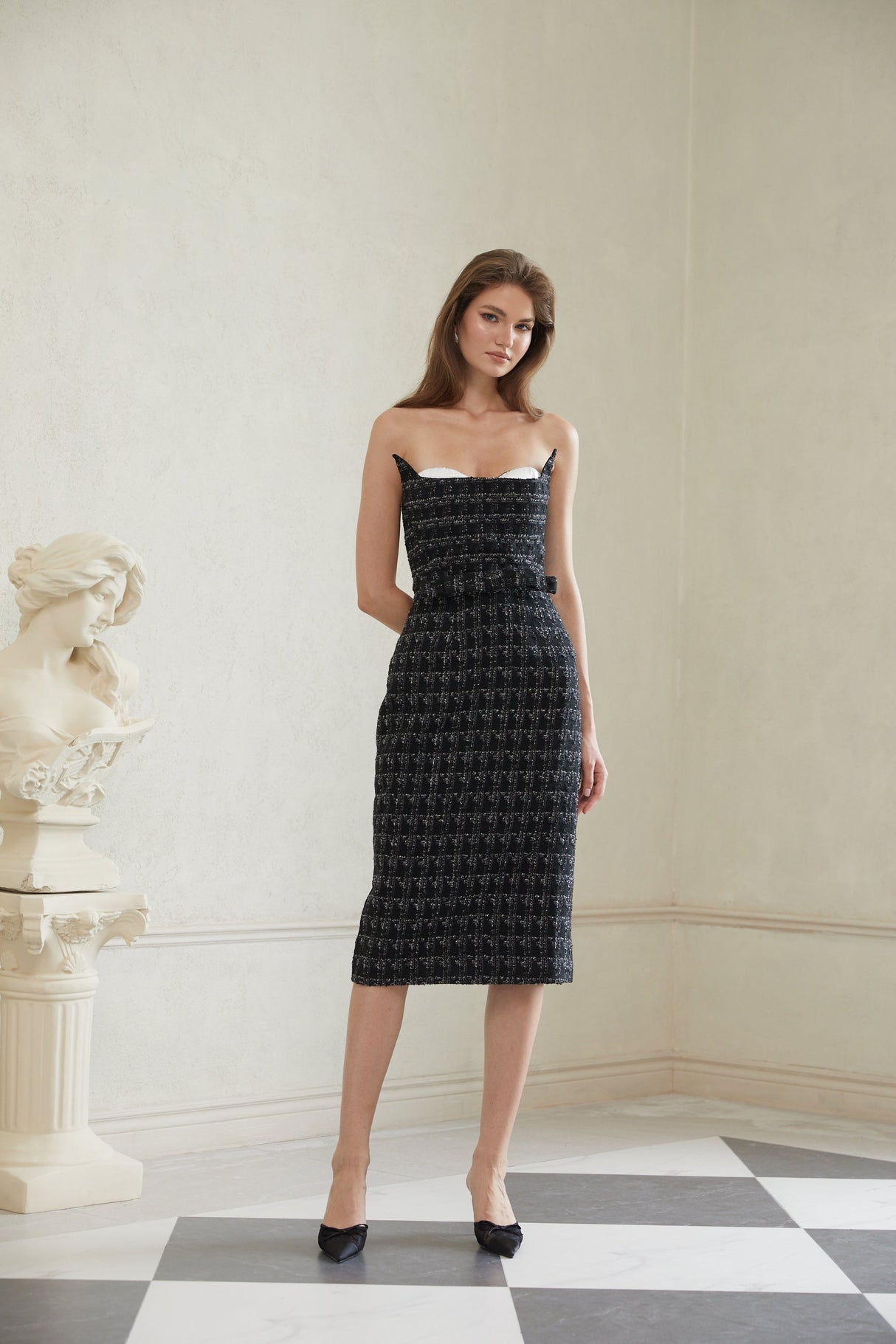 Aurohaya Rauha Black Plaid Weave Tweed Midi Dress