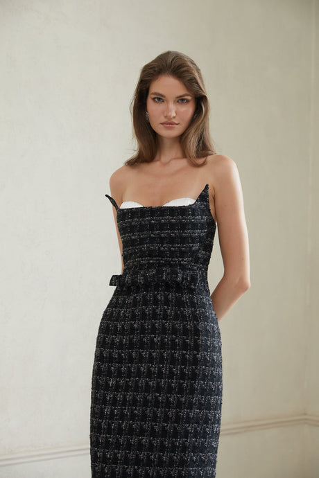 Aurohaya Rauha Black Plaid Weave Tweed Midi Dress