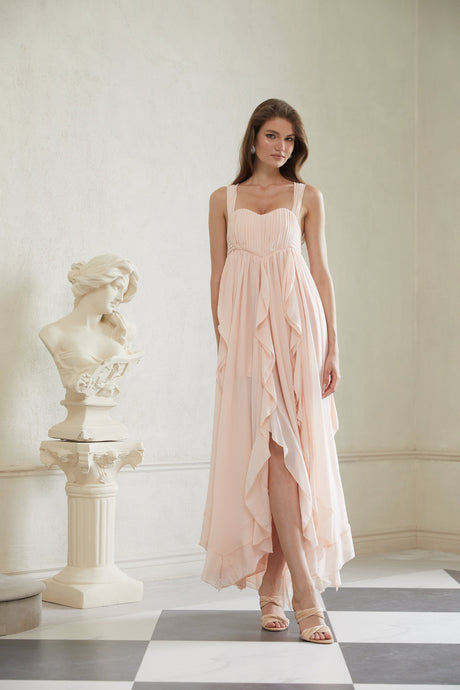 Aurohaya Eos Pink Ruffled Chiffon Maxi Dress