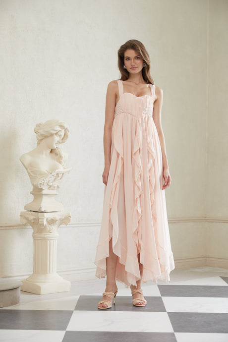 Aurohaya Eos Pink Ruffled Chiffon Maxi Dress