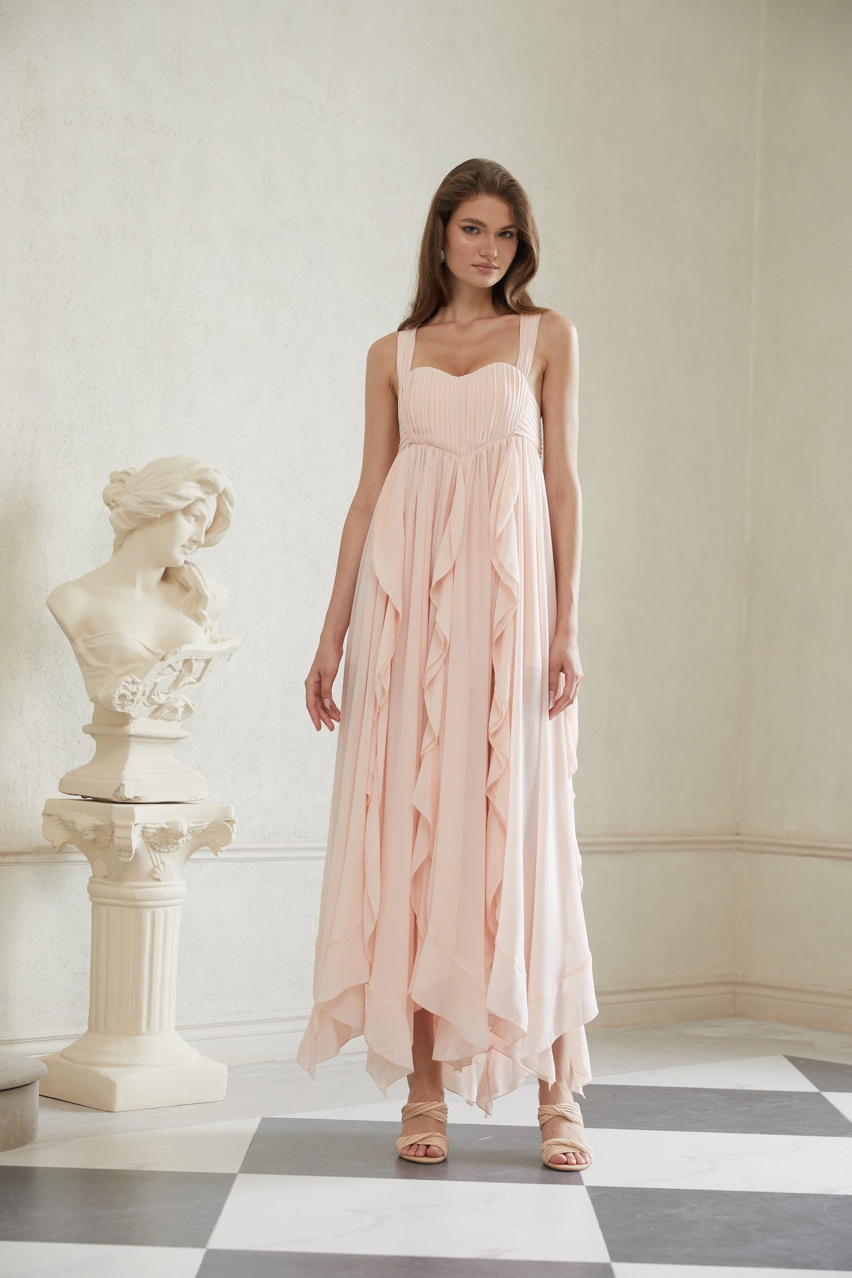 Aurohaya Eos Pink Ruffled Chiffon Maxi Dress