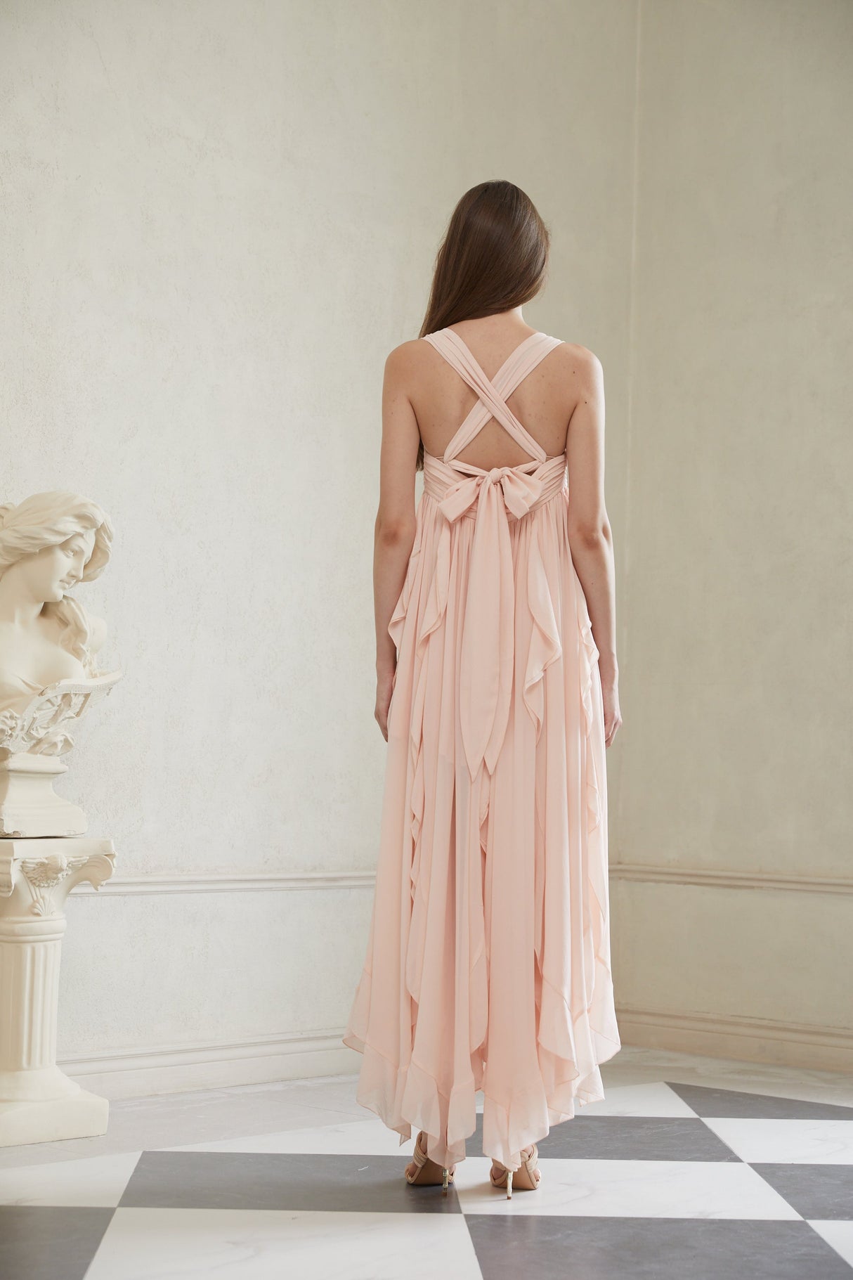 Aurohaya Eos Pink Ruffled Chiffon Maxi Dress