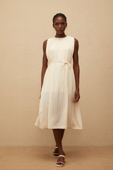 Aurohaya Célestine Neutral Sleeveless Pleated Midi Dress