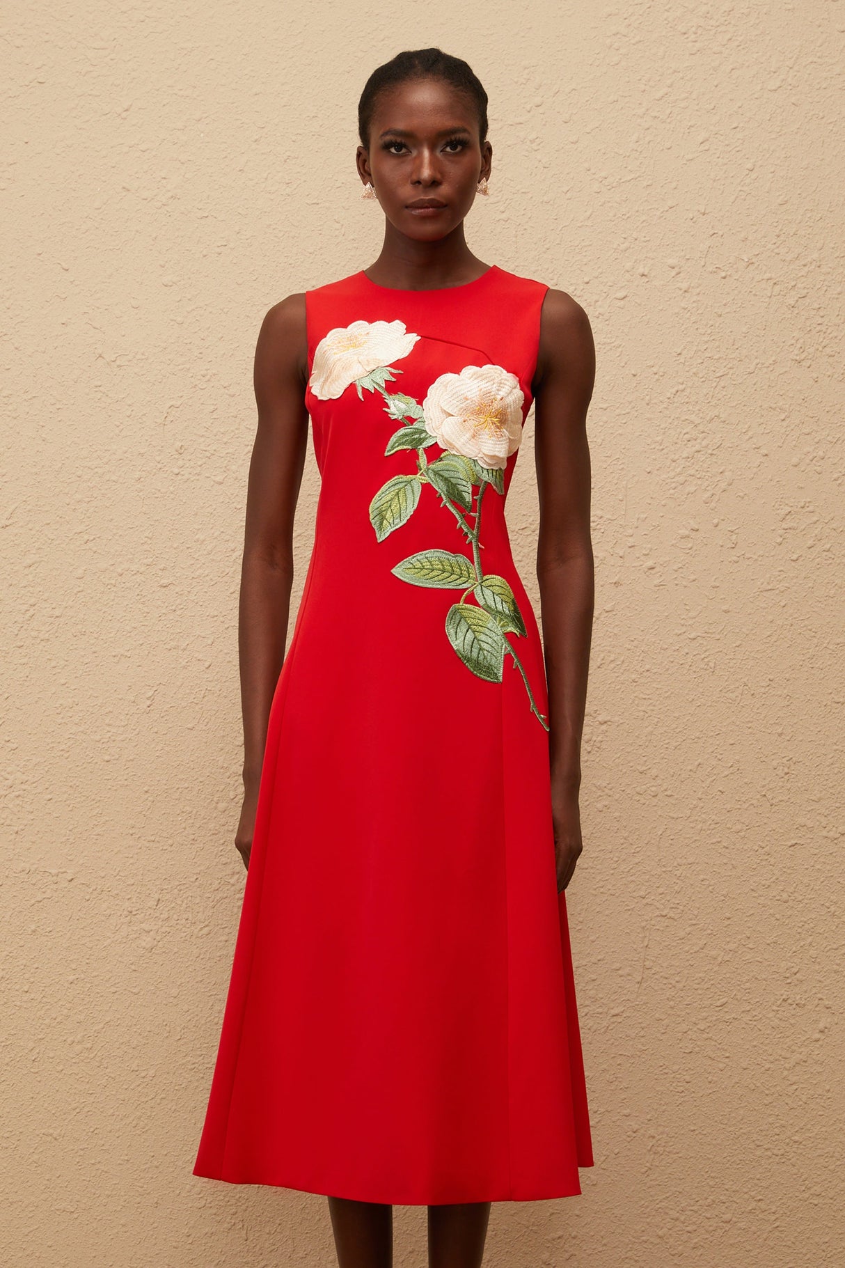 Aurohaya Mackenzie Red Floral Embroidered Midi Dress
