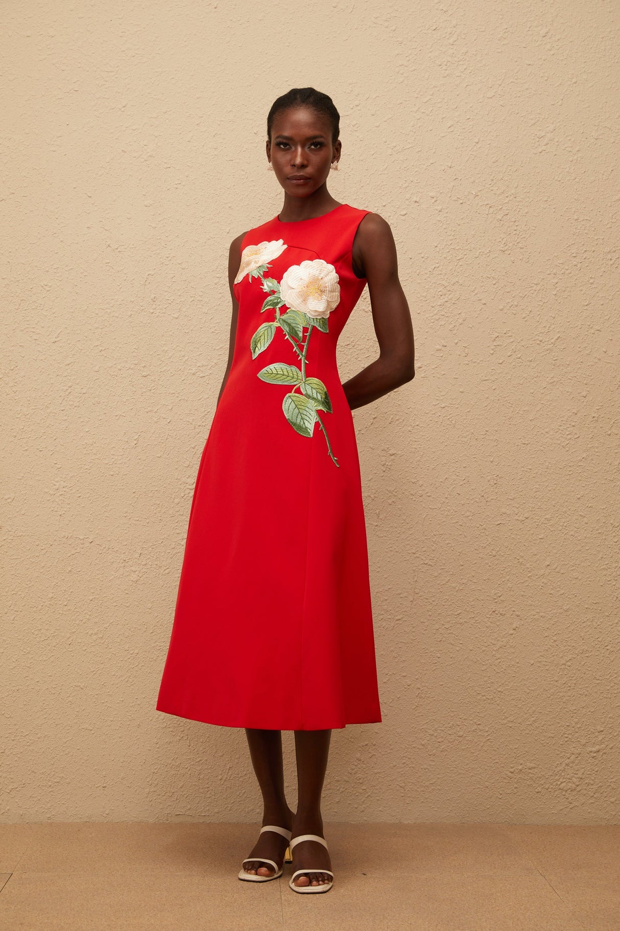 Aurohaya Mackenzie Red Floral Embroidered Midi Dress