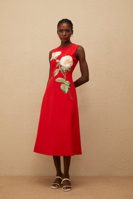 Aurohaya Mackenzie Red Floral Embroidered Midi Dress