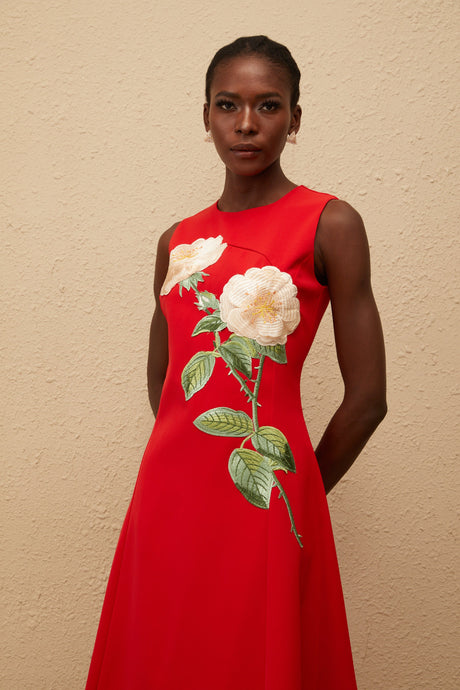 Aurohaya Mackenzie Red Floral Embroidered Midi Dress