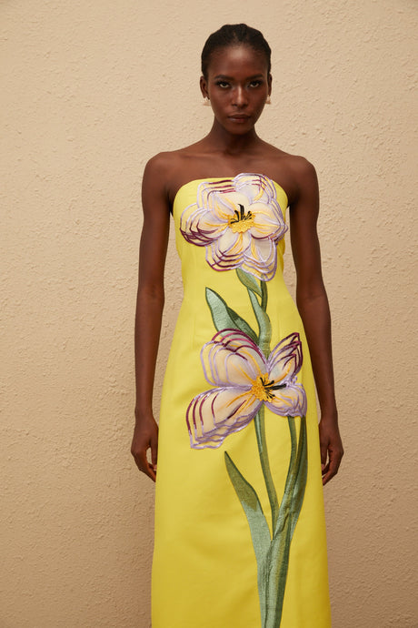 Aurohaya Irène Sequin Embroidered Off-Shoulder Midi Dress in Yellow