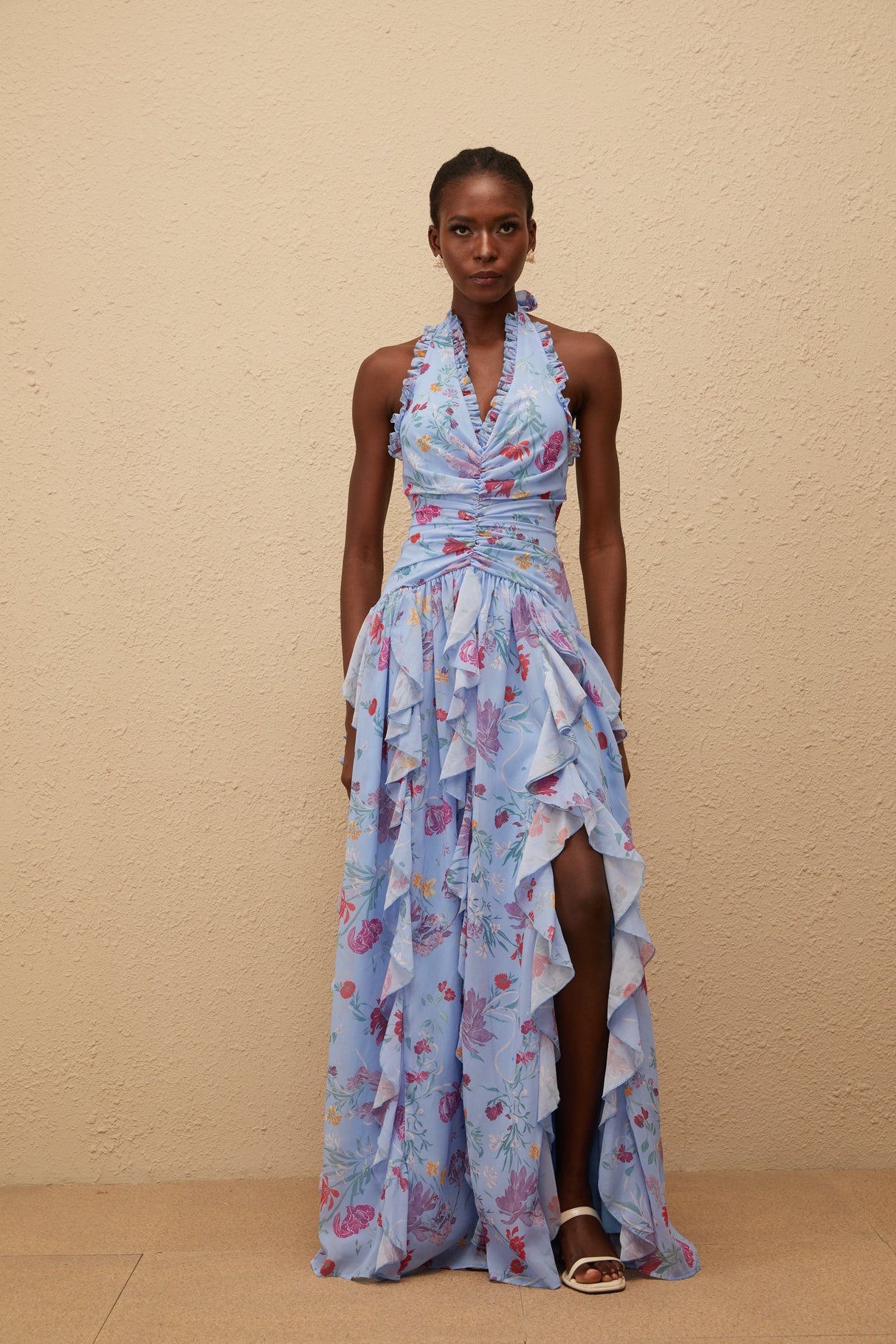 Aurohaya Thaïs Blue Ruffled Floral Print Maxi Dress