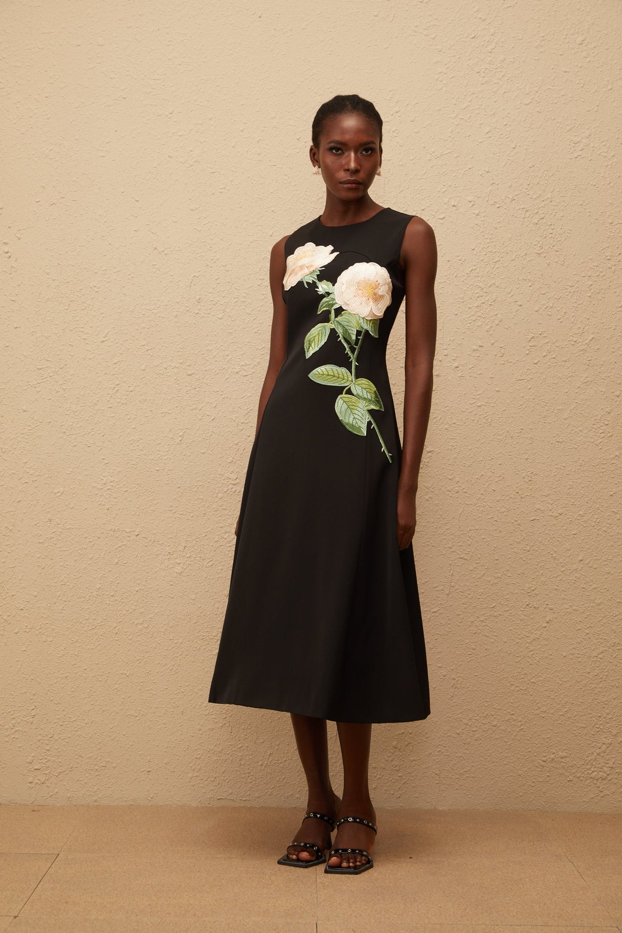 Aurohaya Mackenzie Black Floral Embroidered Midi Dress