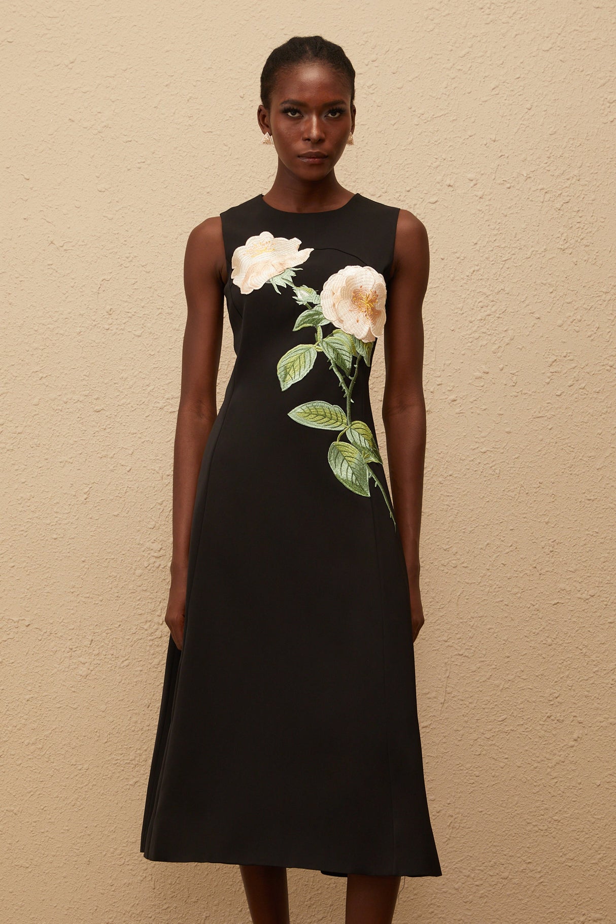 Aurohaya Mackenzie Black Floral Embroidered Midi Dress