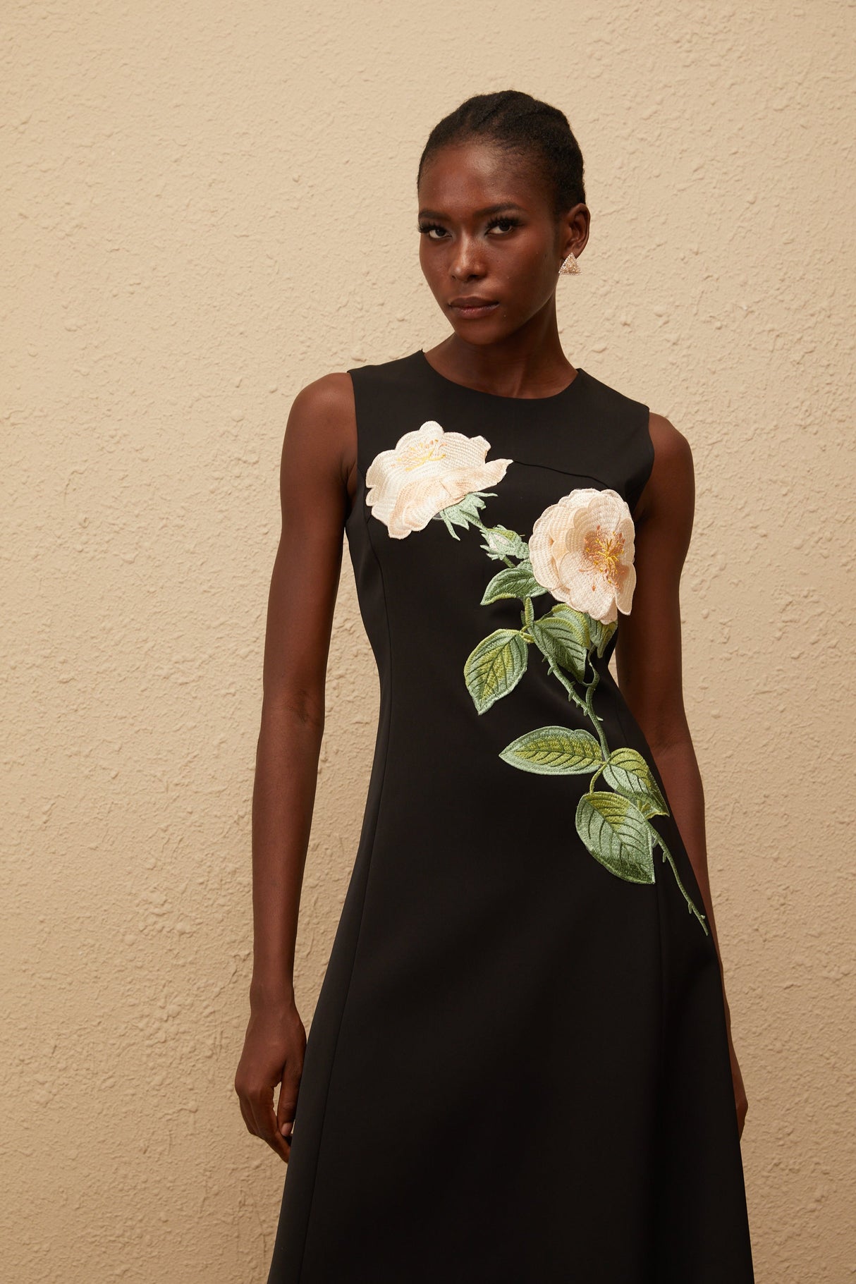 Aurohaya Mackenzie Black Floral Embroidered Midi Dress