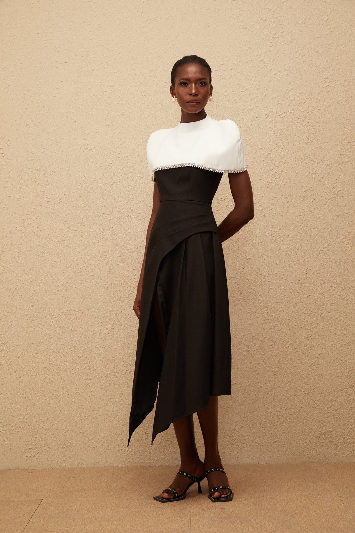 Aurohaya Fabienne Color Block Midi Dress with Embellished Shawl