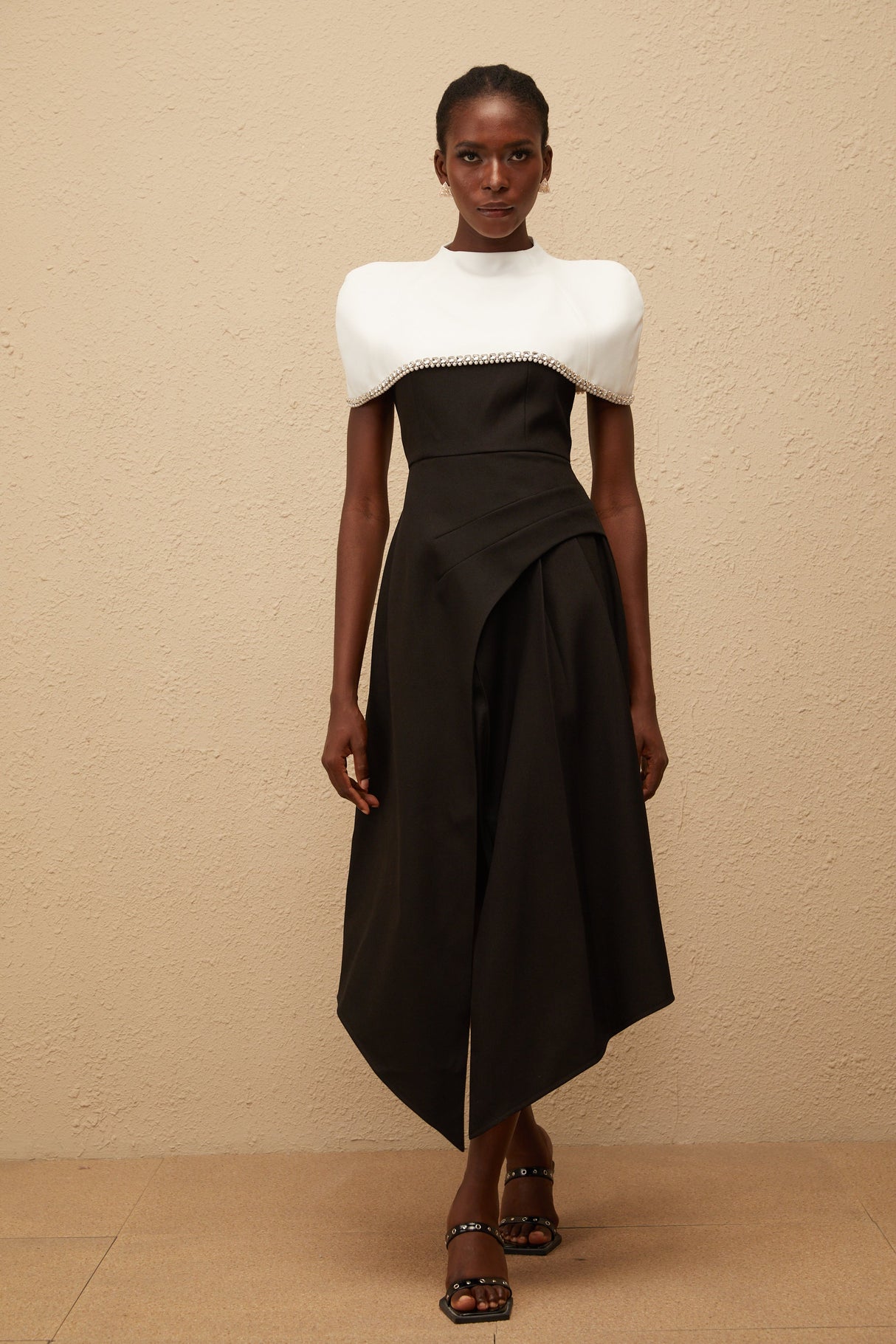 Aurohaya Fabienne Color Block Midi Dress with Embellished Shawl