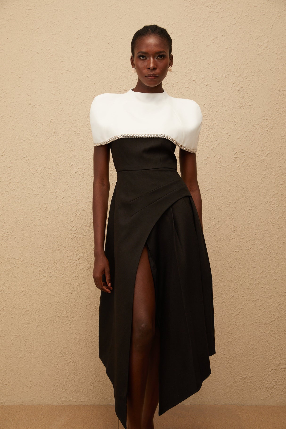 Aurohaya Fabienne Color Block Midi Dress with Embellished Shawl