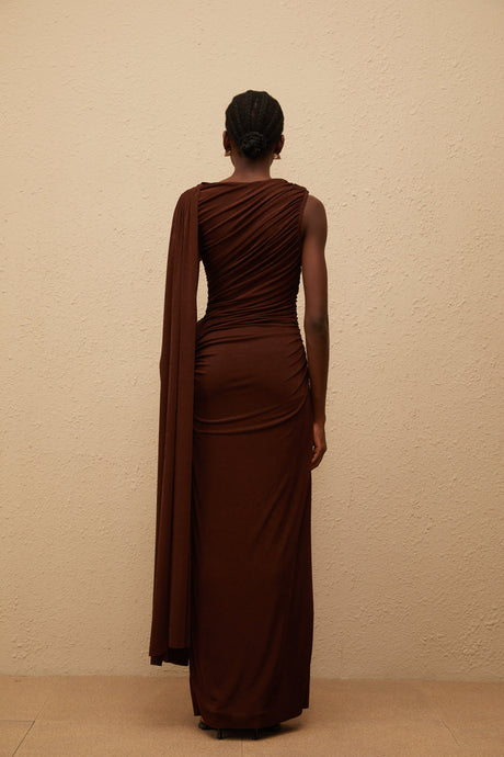 Aurohaya Paloma Brown Sleeveless Asymmetrical Ruched Knit Maxi Dress