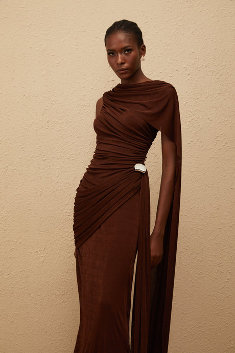 Aurohaya Paloma Brown Sleeveless Asymmetrical Ruched Knit Maxi Dress