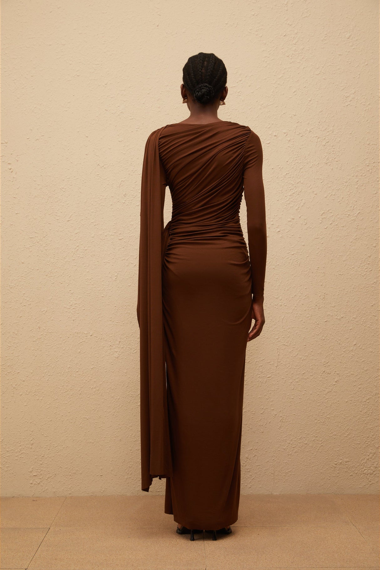 Aurohaya Paloma Brown Asymmetrical Ruched Knit Maxi Dress