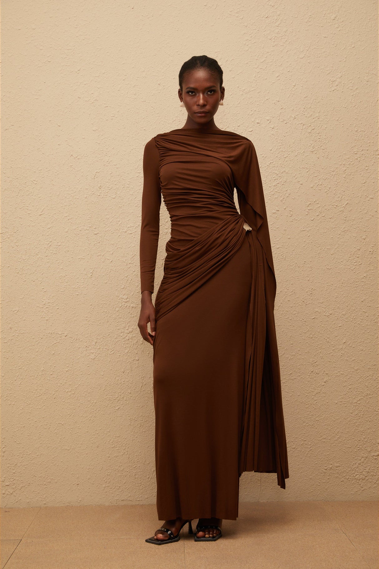 Aurohaya Paloma Brown Asymmetrical Ruched Knit Maxi Dress