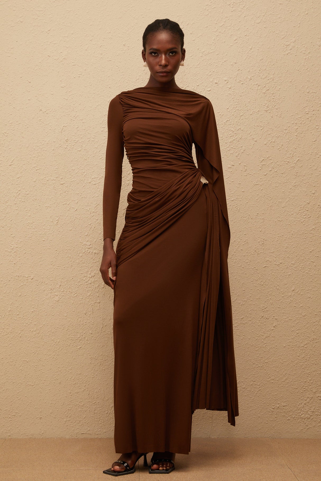Aurohaya Paloma Brown Asymmetrical Ruched Knit Maxi Dress