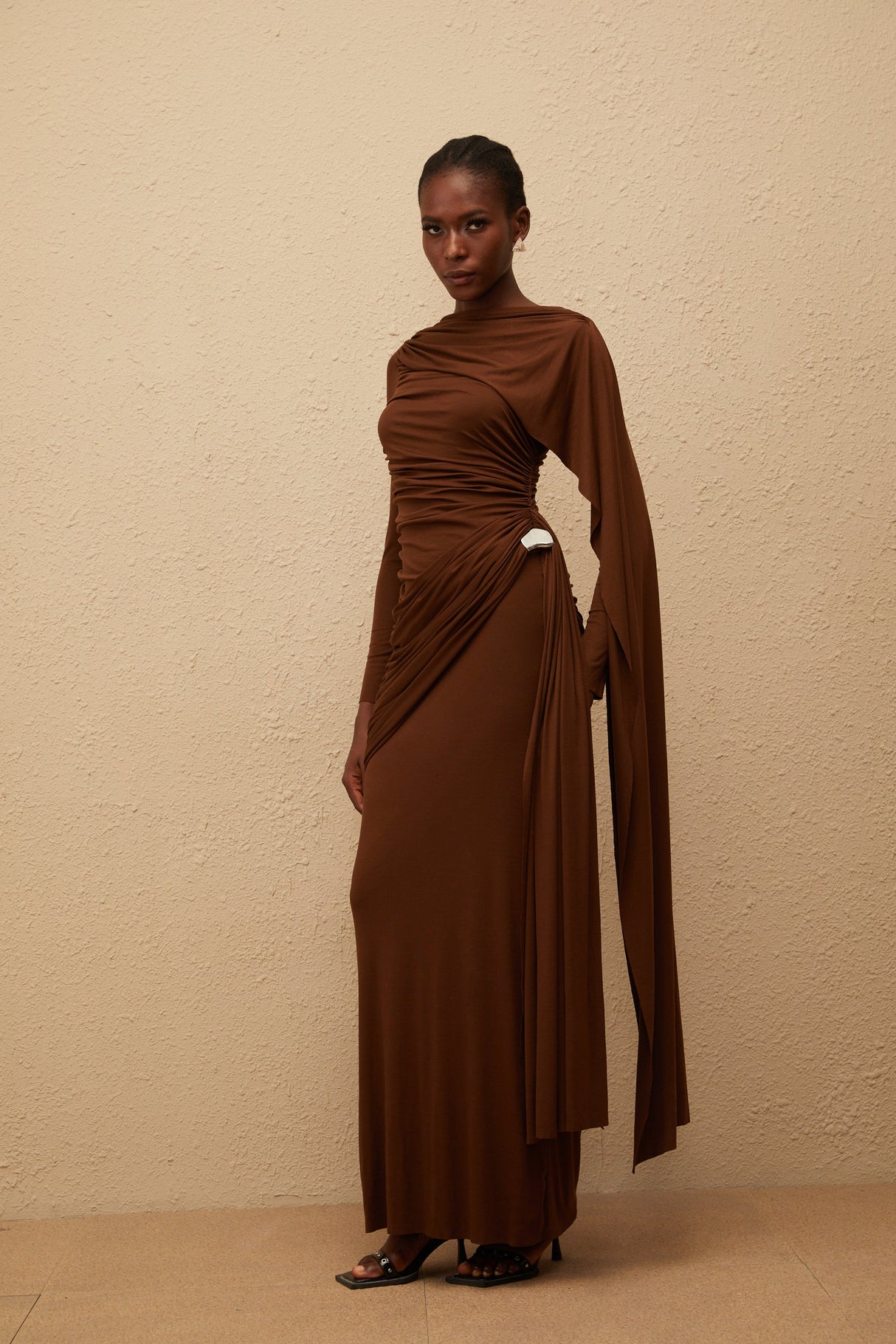 Aurohaya Paloma Brown Asymmetrical Ruched Knit Maxi Dress