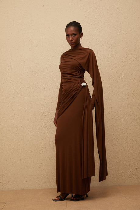 Aurohaya Paloma Brown Asymmetrical Ruched Knit Maxi Dress