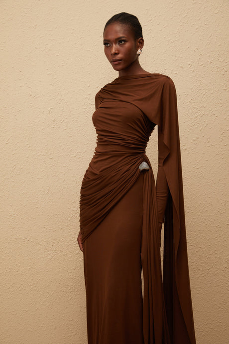 Aurohaya Paloma Brown Asymmetrical Ruched Knit Maxi Dress