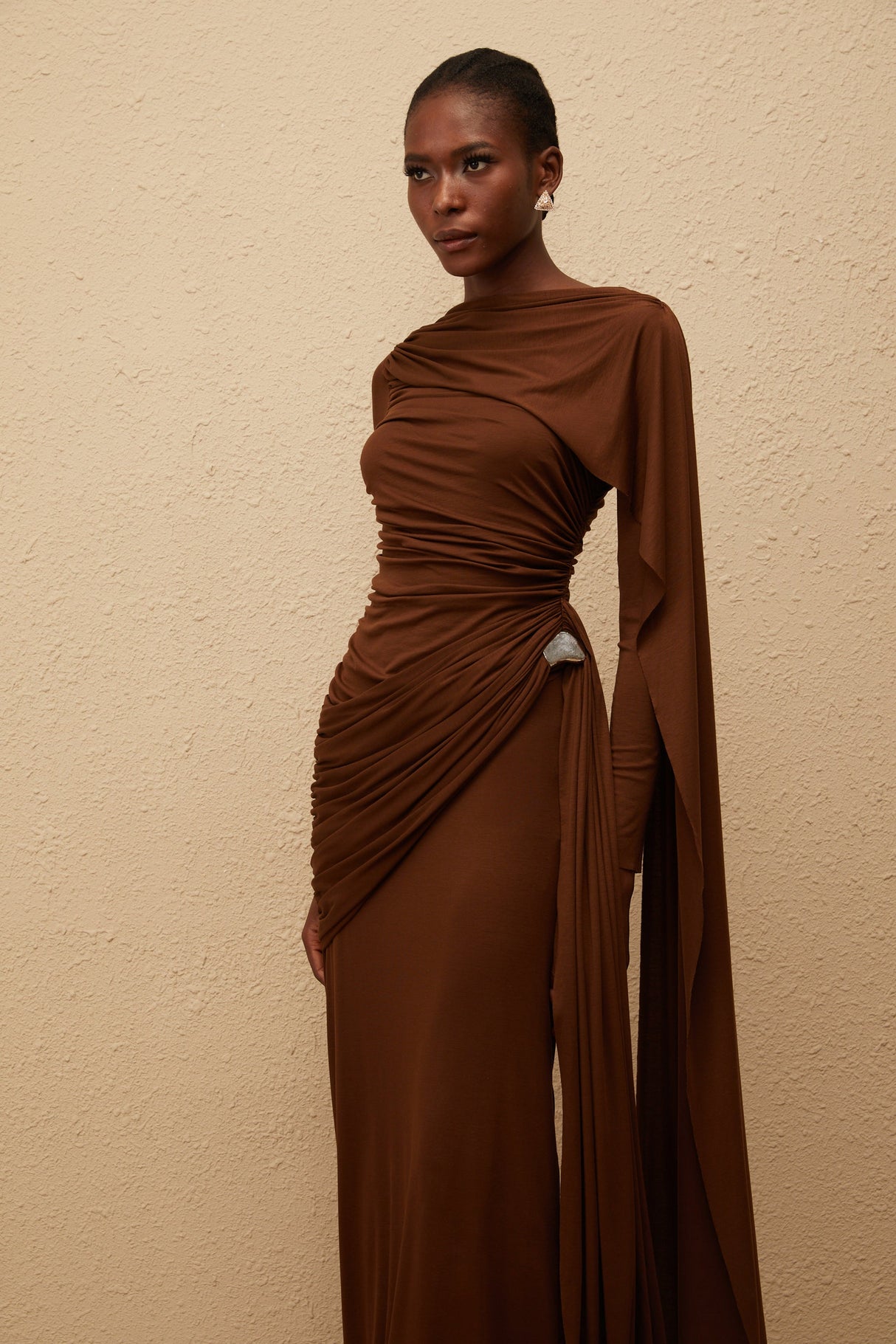Aurohaya Paloma Brown Asymmetrical Ruched Knit Maxi Dress