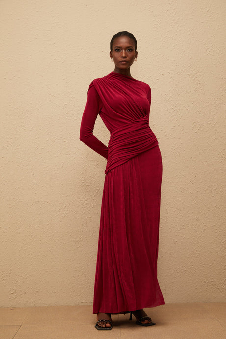 Aurohaya Charme Red Ruched Maxi Dress