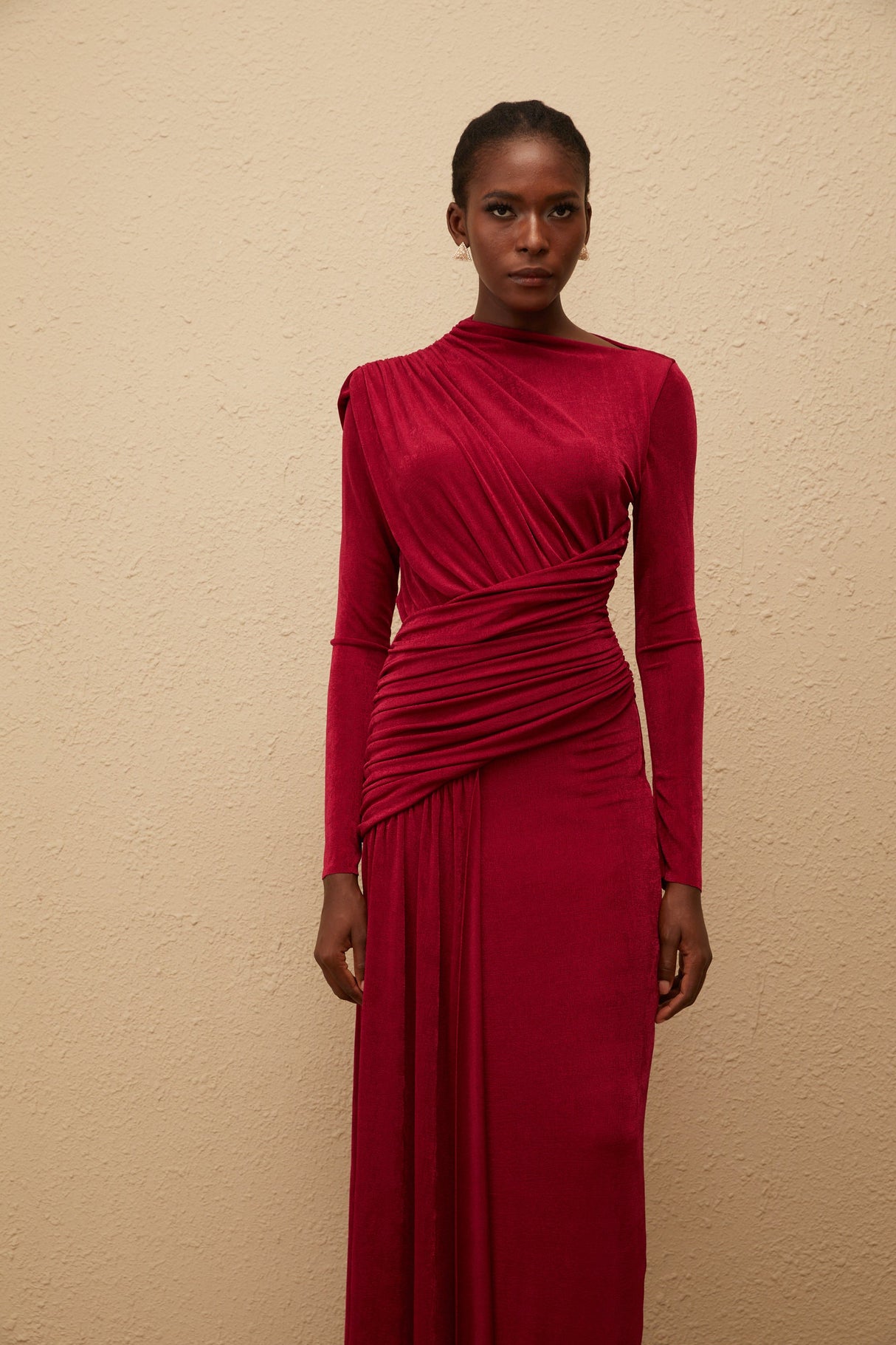 Aurohaya Charme Red Ruched Maxi Dress