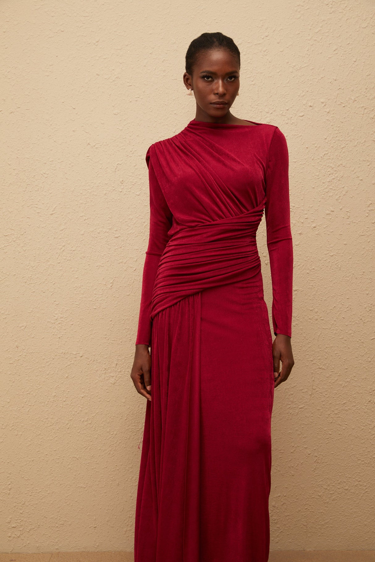 Aurohaya Charme Red Ruched Maxi Dress