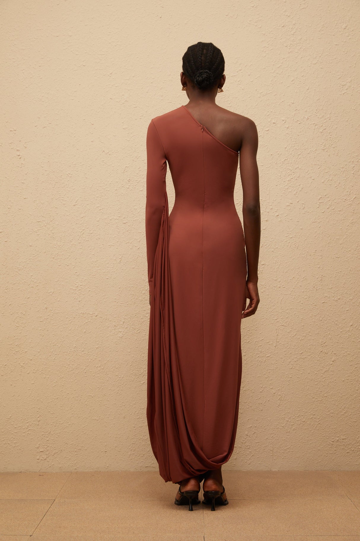 Aurohaya Aikaterini Brown Asymmetrical Draped Panel Midi Dress