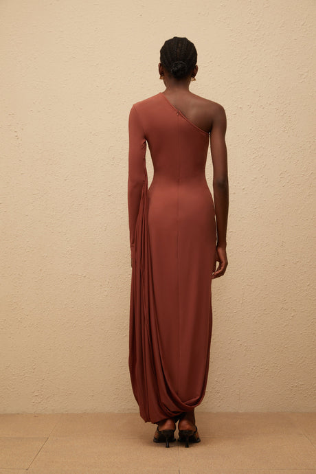 Aurohaya Aikaterini Brown Asymmetrical Draped Panel Midi Dress