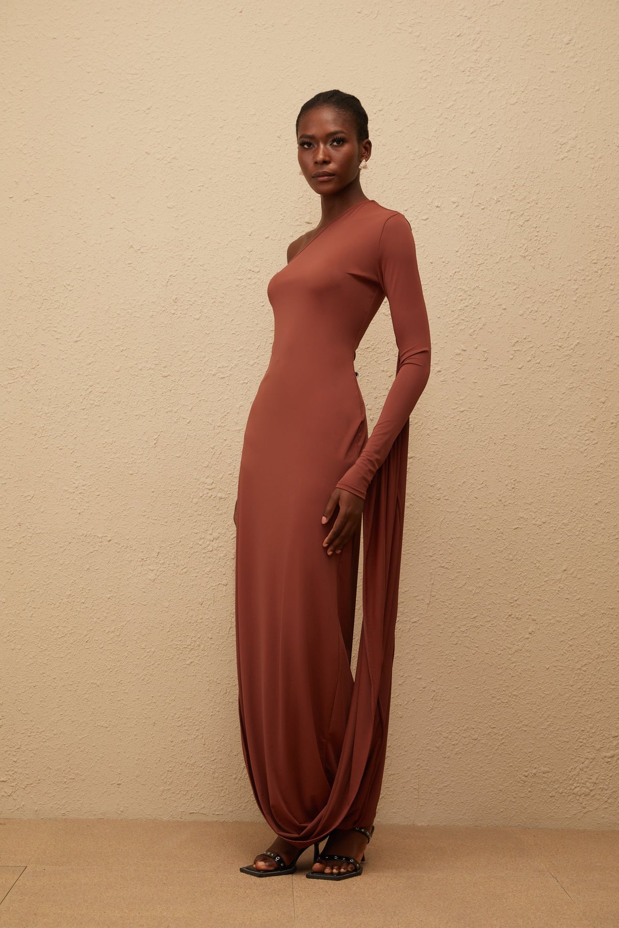 Aurohaya Aikaterini Brown Asymmetrical Draped Panel Midi Dress