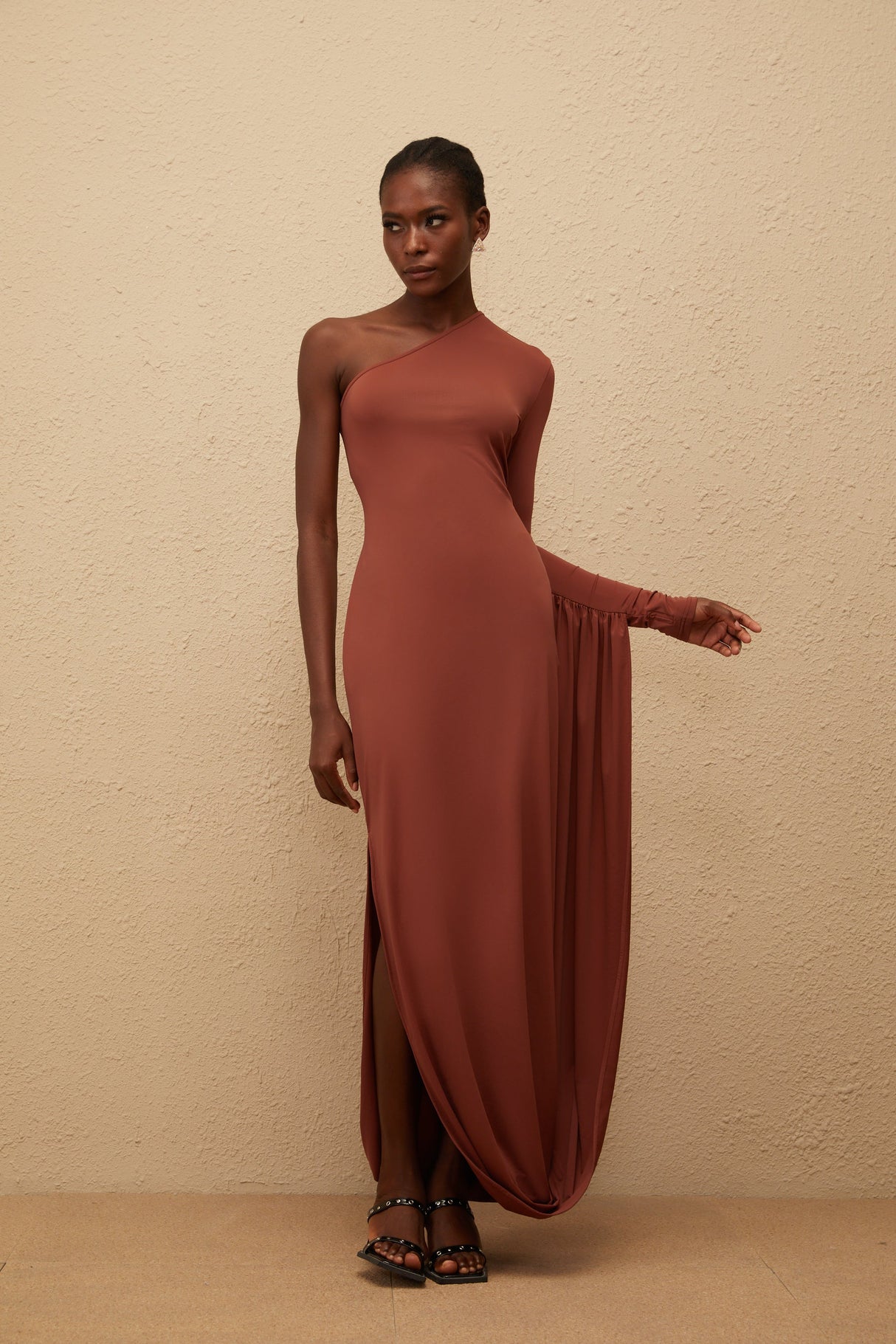 Aurohaya Aikaterini Brown Asymmetrical Draped Panel Midi Dress